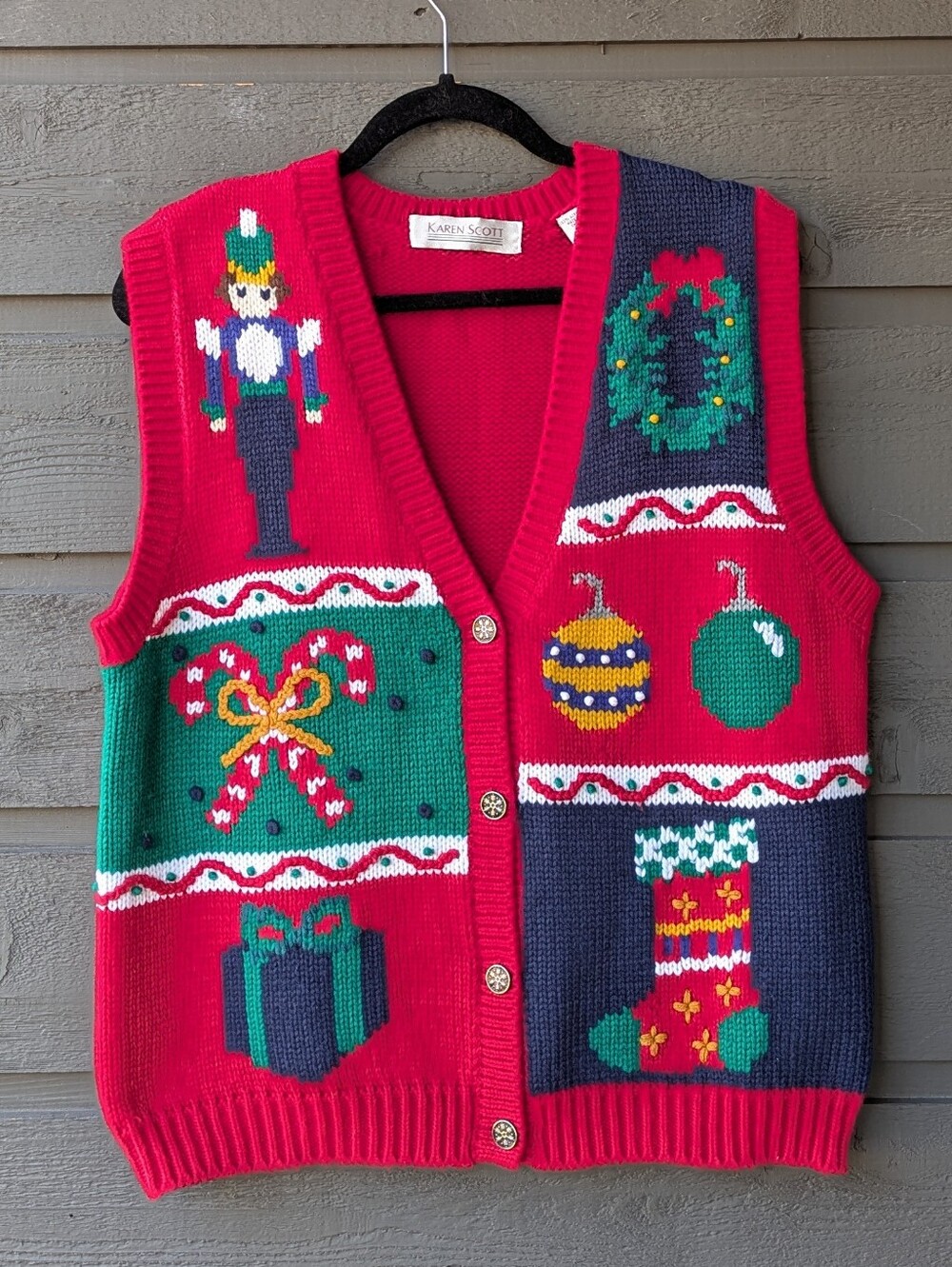 VTG 90s Karen Scott Holiday Ornament Knit Vest Cardi Sweater Women's Size Medium